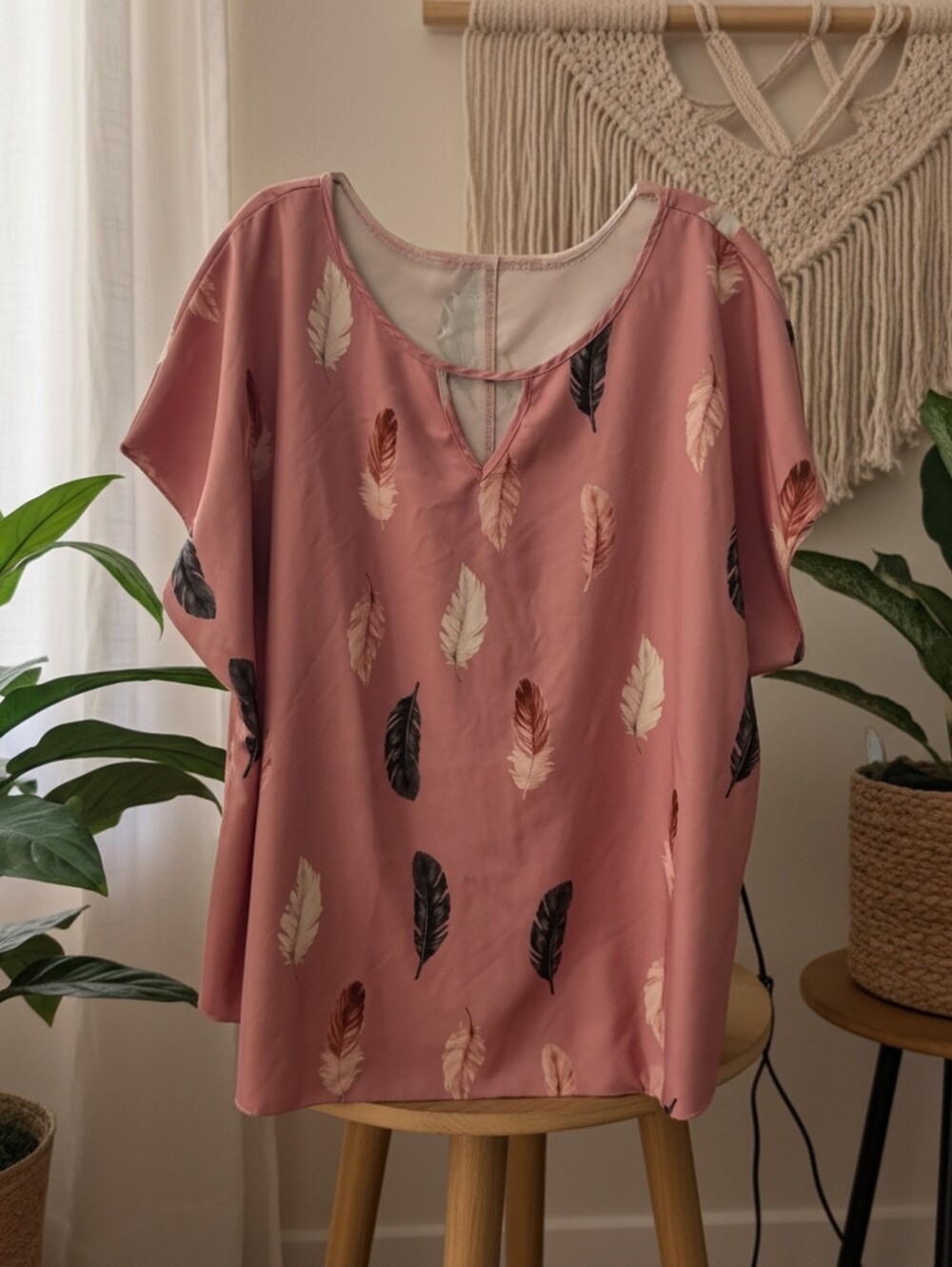NWOT! Pink Feather Print Blouse